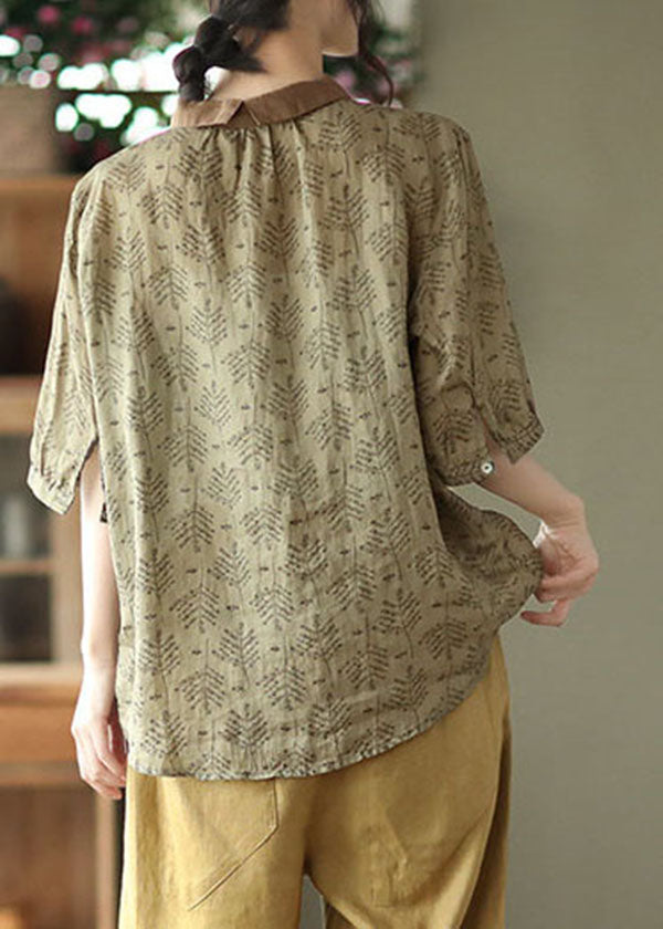 Natural Green Colorblock Print Linen Blouse Tops Half Sleeve