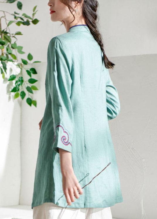 Natural Green Embroideried Button Spring Summer Linen Tops - bagstylebliss