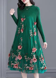 Natural Green Embroidered Patchwork Knit Long Dress Spring