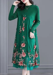 Natural Green Embroidered Patchwork Knit Long Dress Spring