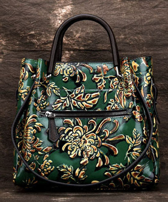 Natural Green Floral Paitings Calf Leather Satchel Handbag