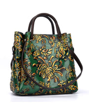 Natural Green Floral Paitings Calf Leather Satchel Handbag