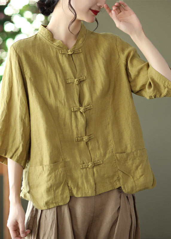 Natural Green Mandarin Collar Linen Blouses Bracelet Sleeve