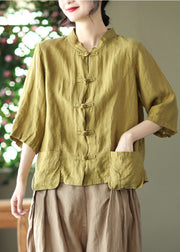 Natural Green Mandarin Collar Linen Blouses Bracelet Sleeve