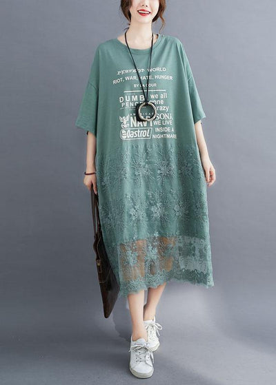 Natural Green O-Neck Graphic Summer Long Dresses Half Sleeve - bagstylebliss