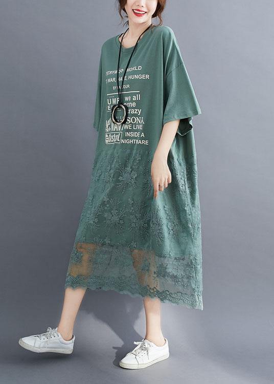 Natural Green O-Neck Graphic Summer Long Dresses Half Sleeve - bagstylebliss