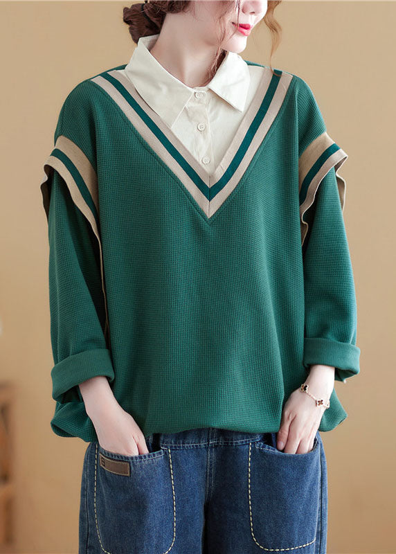 Natural Green Peter Pan Collar Patchwork Cotton Sweatshirts Top Spring