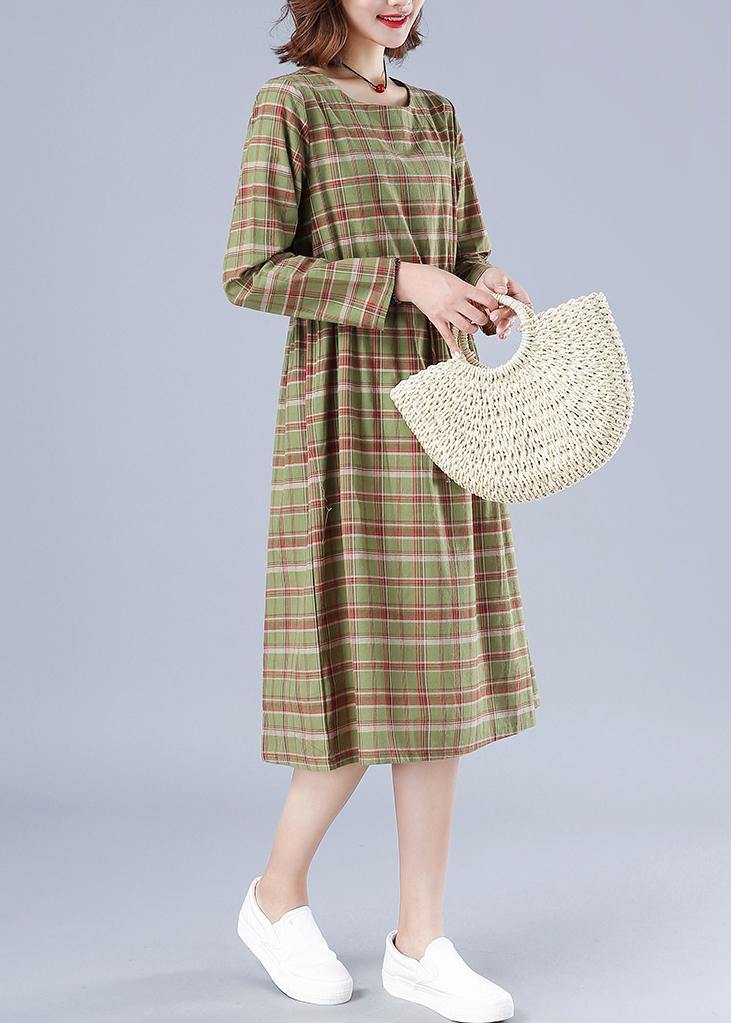 Natural Green Plaid Dresses O Neck Drawstring Knee Spring Dress - bagstylebliss