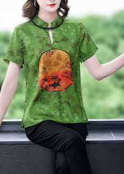 Natural Green Stand Collar Side Open Print Silk Shirts Short Sleeve