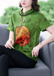 Natural Green Stand Collar Side Open Print Silk Shirts Short Sleeve