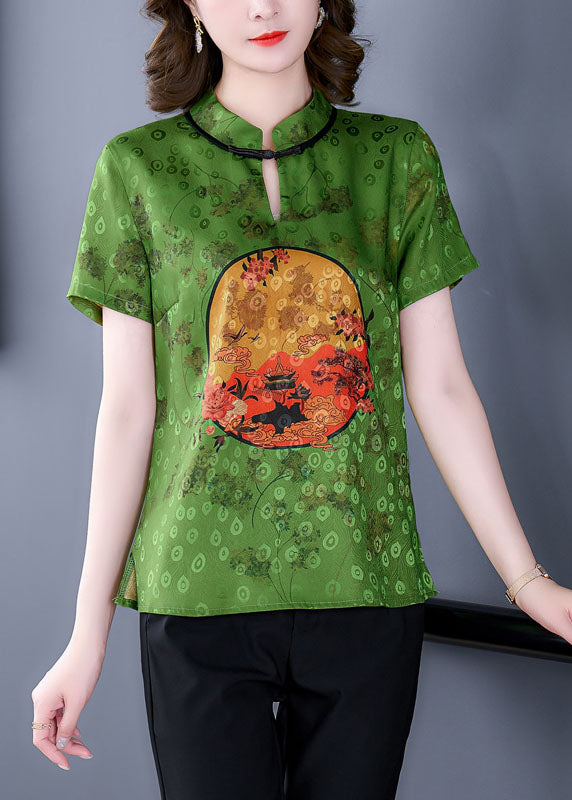 Natural Green Stand Collar Side Open Print Silk Shirts Short Sleeve