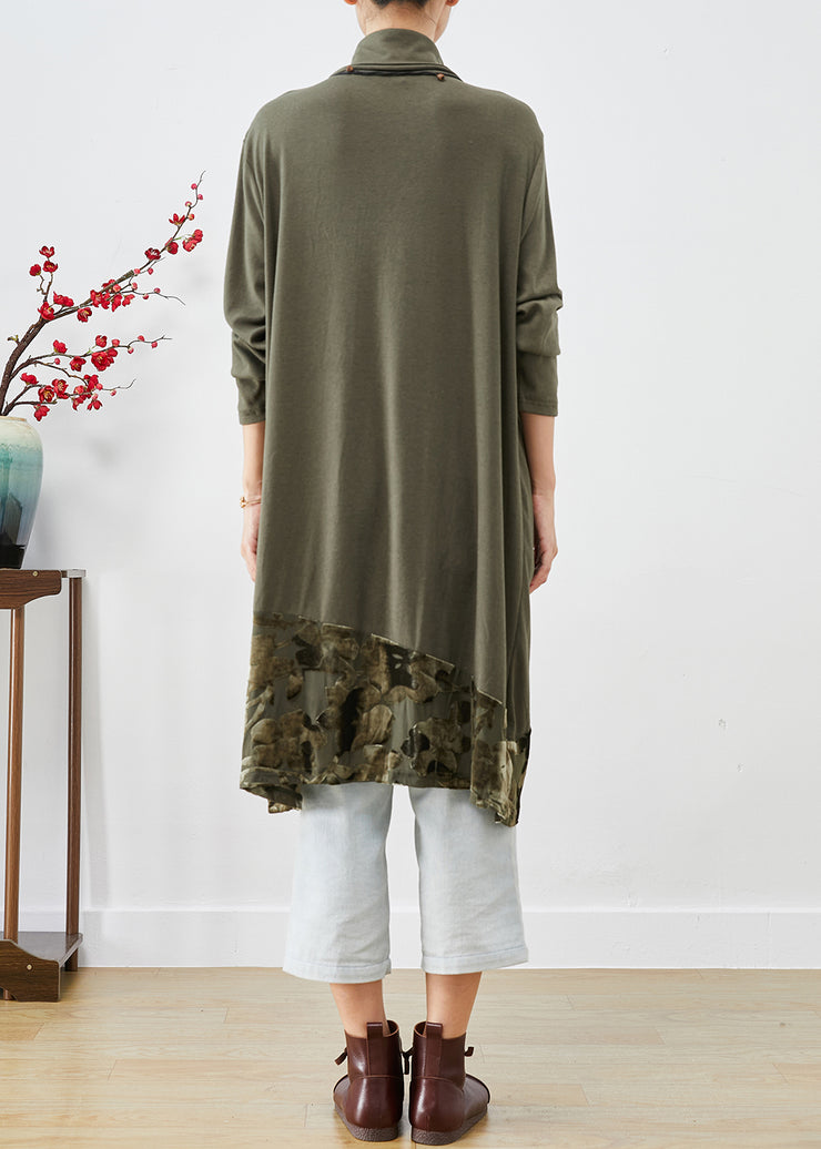 Natural Green Turtle Neck Patchwork Jacquard Silk Velour Dresses Fall