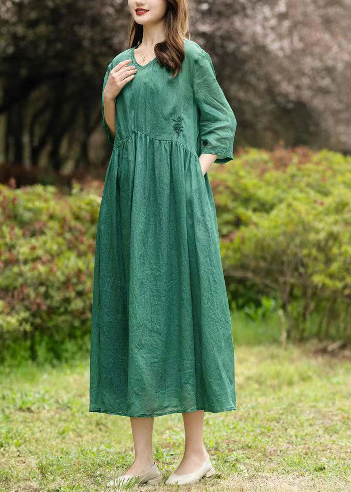 Natural Green V Neck Embroidered Patchwork Linen Dresses Summer