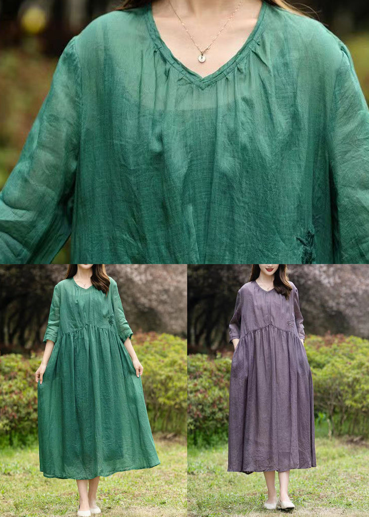 Natural Green V Neck Embroidered Patchwork Linen Dresses Summer