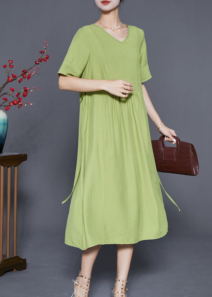 Natural Green V Neck Wrinkled Cotton Maxi Dresses Summer