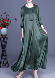 Natural Green Vintage Asymmetrical Button Summer Silk Summer Dresses - bagstylebliss