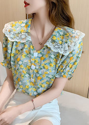 Natural Green button Peter Pan Collar Lace Patchwork Chiffon Blouses Short Sleeve