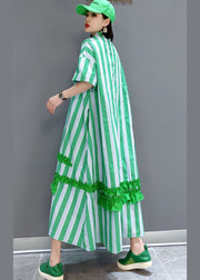 Natural Green button Ruffled Striped long Dress Spring