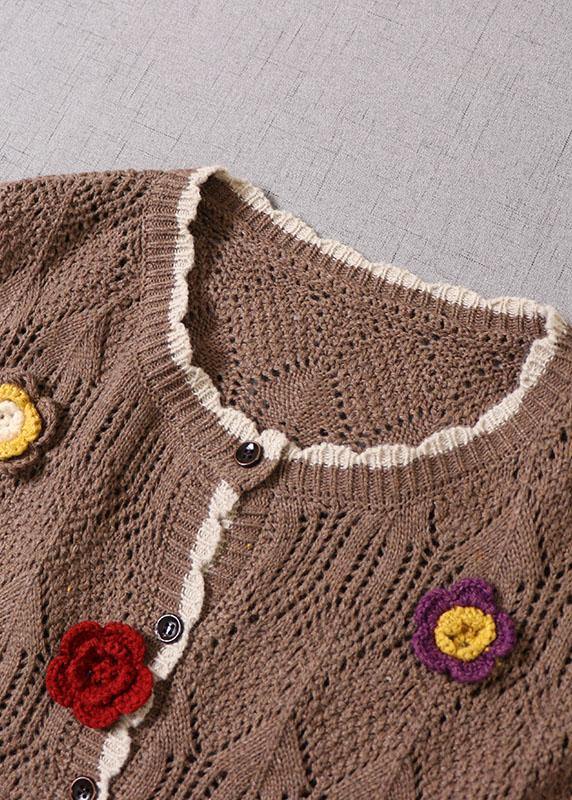 Natural Grey Hollow Out Button Floral Fall Knit Vest - bagstylebliss