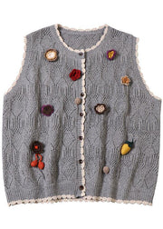 Natural Grey Hollow Out Button Floral Fall Knit Vest - bagstylebliss