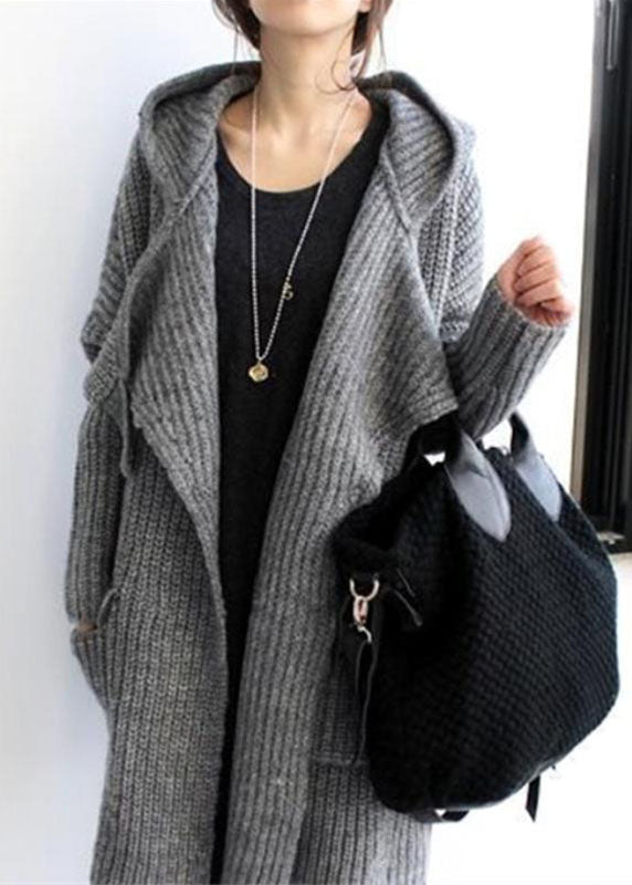 Natural Grey Hooded Pockets Knit Sweater Long Coat Winter