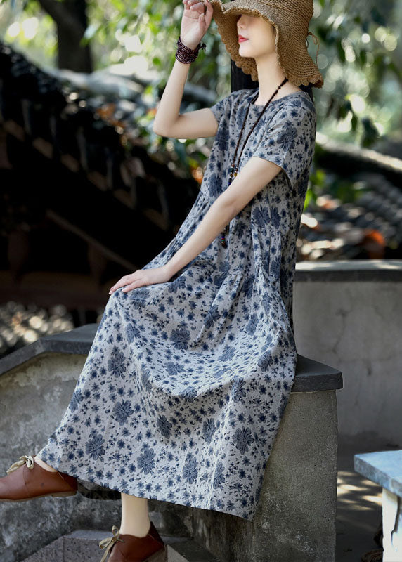 Natural Grey O-Neck Patchwork Print Linen Long Dress Short Sleeve