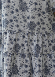 Natural Grey O-Neck Patchwork Print Linen Long Dress Short Sleeve