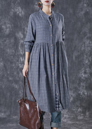 Natural Grey Oversized Plaid Cotton Shirt Dresses Fall