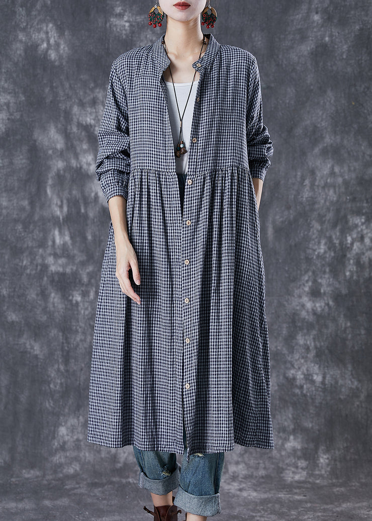 Natural Grey Oversized Plaid Cotton Shirt Dresses Fall