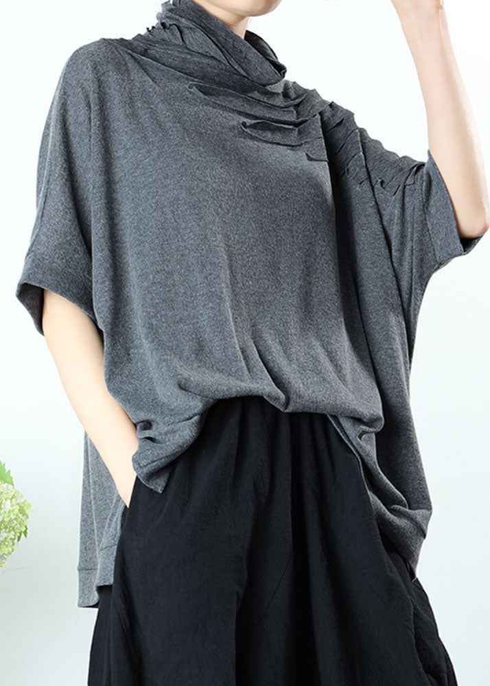 Natural Grey tasseled asymmetrical design Casual Spring Tops Half Sleeve