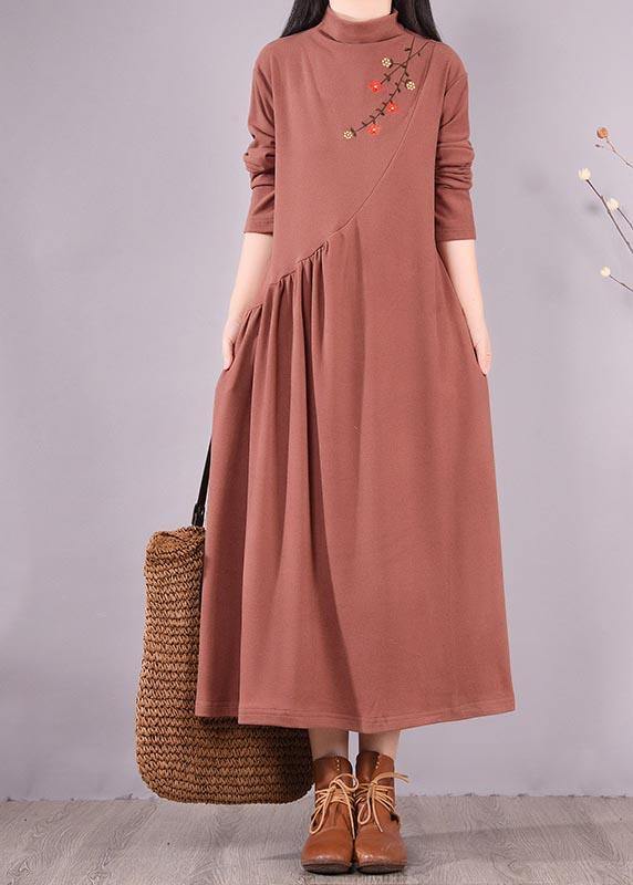 Natural High Neck Cinched Spring Tunic Fabrics Brown Embroidery A Line Dress - bagstylebliss