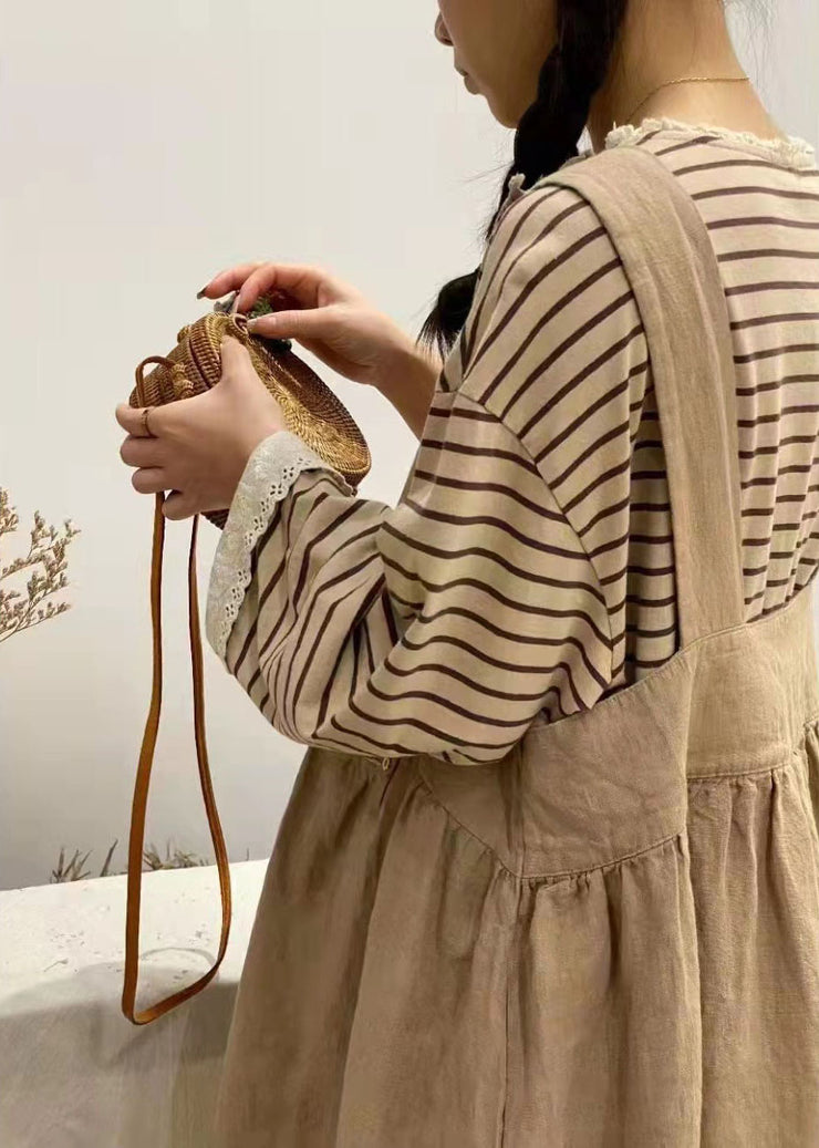 Natural Khaki Backless Patchwork Cotton Dress Spring