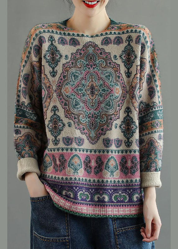 Natürlicher khakifarbener, lockerer Herbst-Strickpullover mit orientalischem Muster