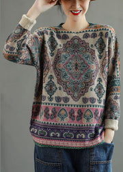 Natural Khaki Loose Print Fall Oriental Knit Sweater