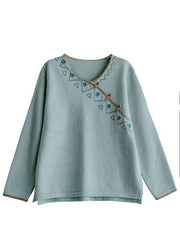 Natural Light Blue Embroidered Oriental Button Wool Knitted Tops Winter