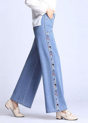 Natural Light Blue Embroideried Pockets Draping Cotton Women's Straight Pants Spring