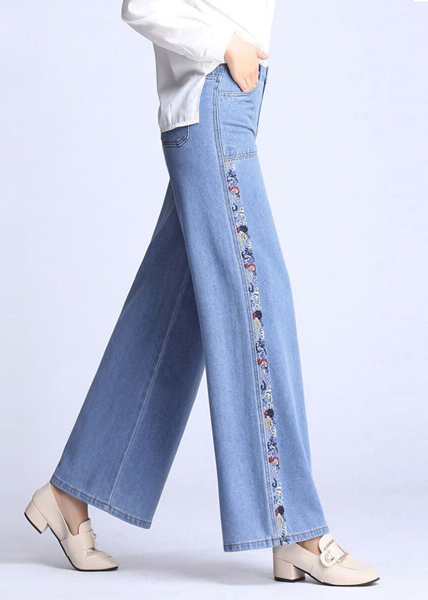 Natural Light Blue Embroideried Pockets Draping Cotton Women&