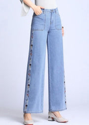 Natural Light Blue Embroideried Pockets Draping Cotton Women's Straight Pants Spring