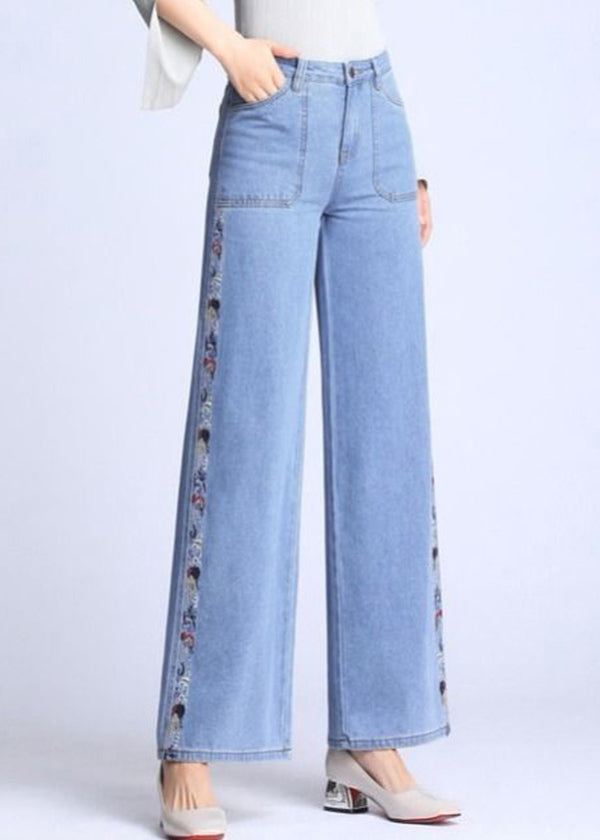 Natural Light Blue Embroideried Pockets Draping Cotton Women&