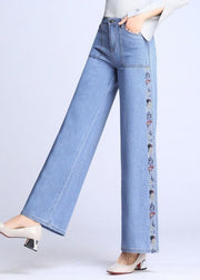 Natural Light Blue Embroideried Pockets Draping Cotton Women's Straight Pants Spring