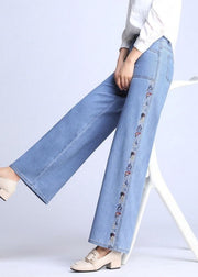 Natural Light Blue Embroideried Pockets Draping Cotton Women's Straight Pants Spring