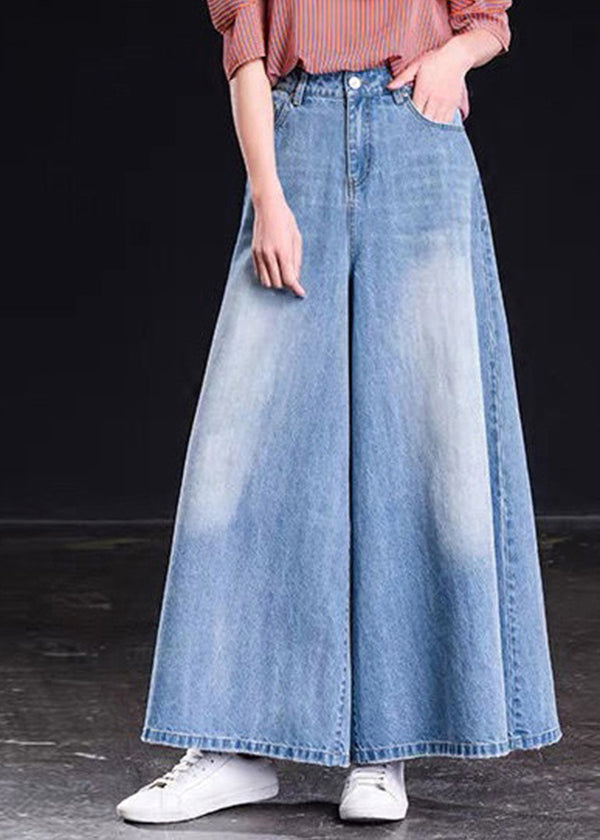 Natural Light Blue High Waist Pockets Cotton Wide Leg Pants Skirt Spring