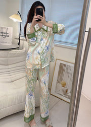 Natural Light Green Peter Pan Collar Print Ice Silk Pajamas Two Pieces Set Spring