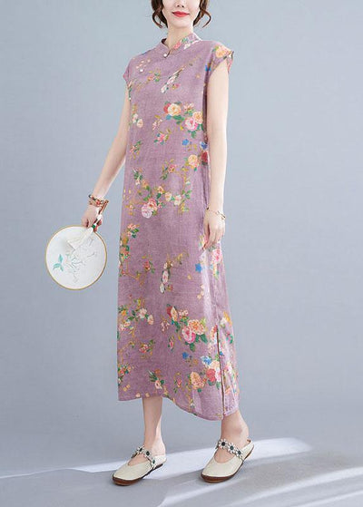 Natural Light Purple Print Button Oriental Mid Dress Summer Cotton Dress - bagstylebliss