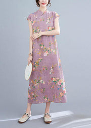 Natural Light Purple Print Button Oriental Mid Dress Summer Cotton Dress - bagstylebliss