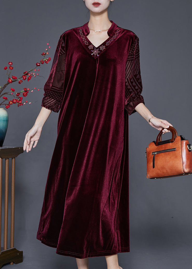 Natural Mulberry V Neck Silk Velour Maxi Dresses Fall