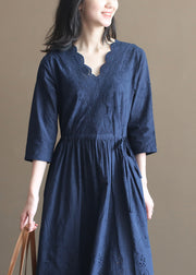 Natural Navy Drawstring V Neck Embroideried Cotton Long Dress Bracelet Sleeve