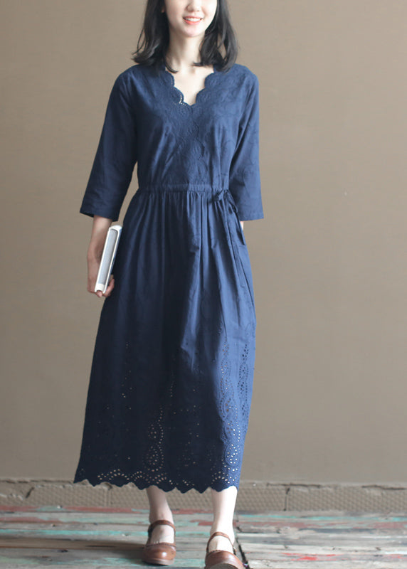 Natural Navy Drawstring V Neck Embroideried Cotton Long Dress Bracelet Sleeve