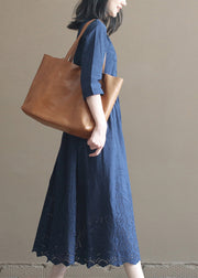 Natural Navy Drawstring V Neck Embroideried Cotton Long Dress Bracelet Sleeve