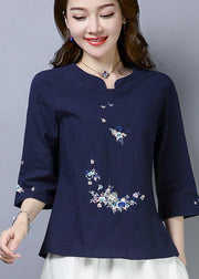 Natural Navy Embroideried Oriental Cotton Linen Shirts Summer - bagstylebliss